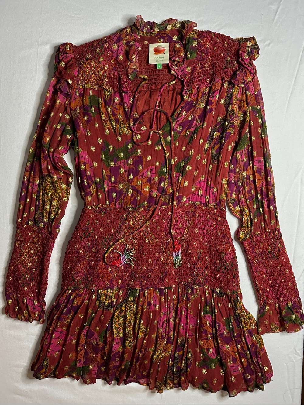 FARM Rio Banana Flowers Smocked Lurex Mini Dress - Size S